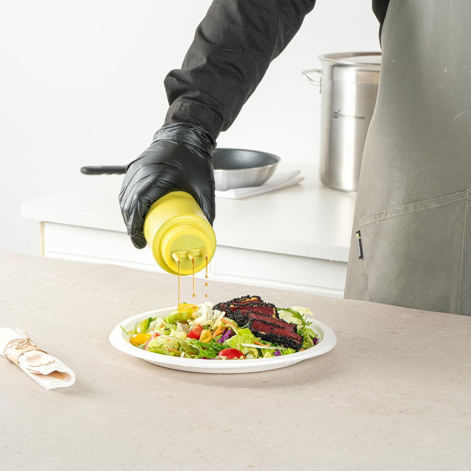 Restaurantware Plastic Squeeze Bottle 6 Pack of Sauce Tek 32 oz Condiment Bottle Triple Dispersion Reusable Dishwashable Yellow Sauce Dispenser For Syrups, Mustard, Oil, Dressing, Art And Craft