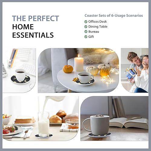 Miniatura 7 de Juego de 6 posavasos con soporte, dorados, sol, luna, nubes, estrellas, absorbentes de cerámica con base de corcho, se adaptan a todas las tazas,