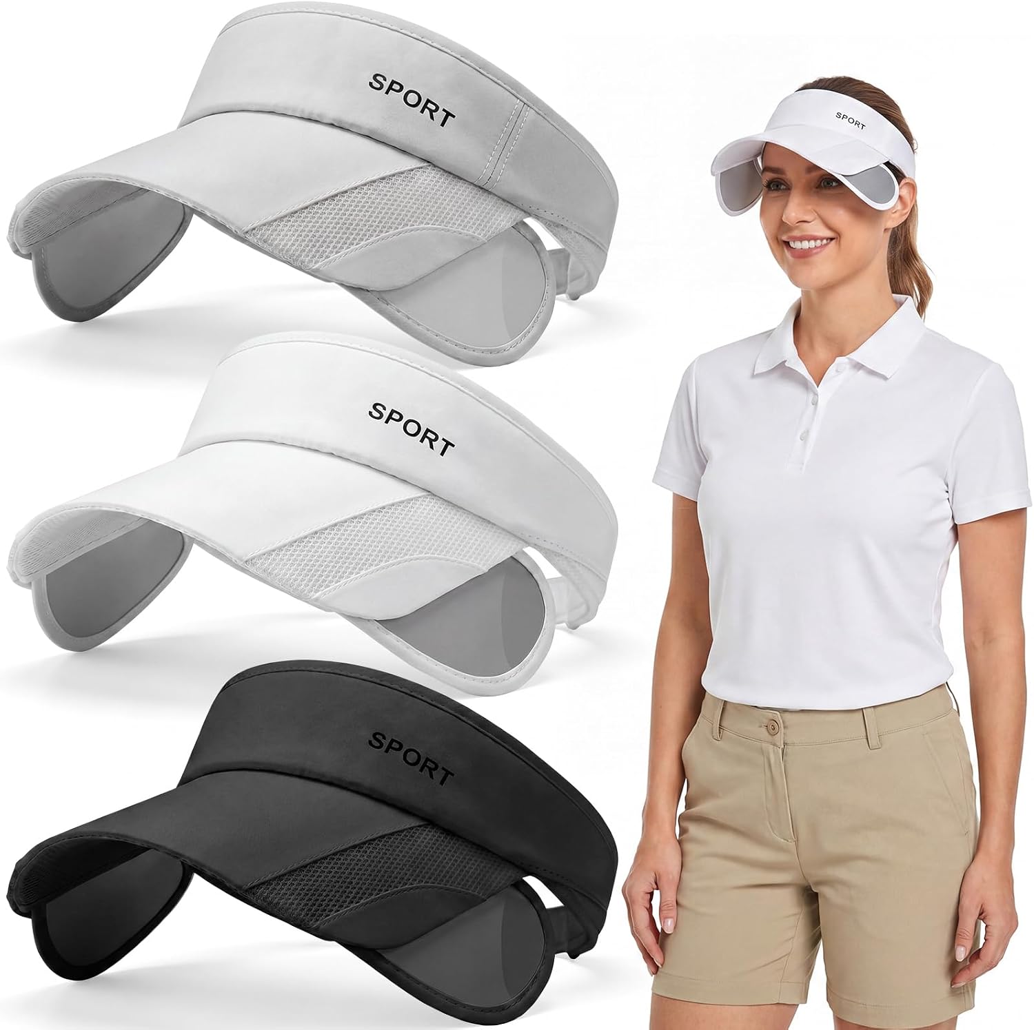Unittype 3 Pack Sun Golf Visor Hats for Women, Adjustable Retractable Wide Brim Sun Running Visor Hat, UV Protection Tennis Beach Sport Cap for Women and Men Black, Gray, White