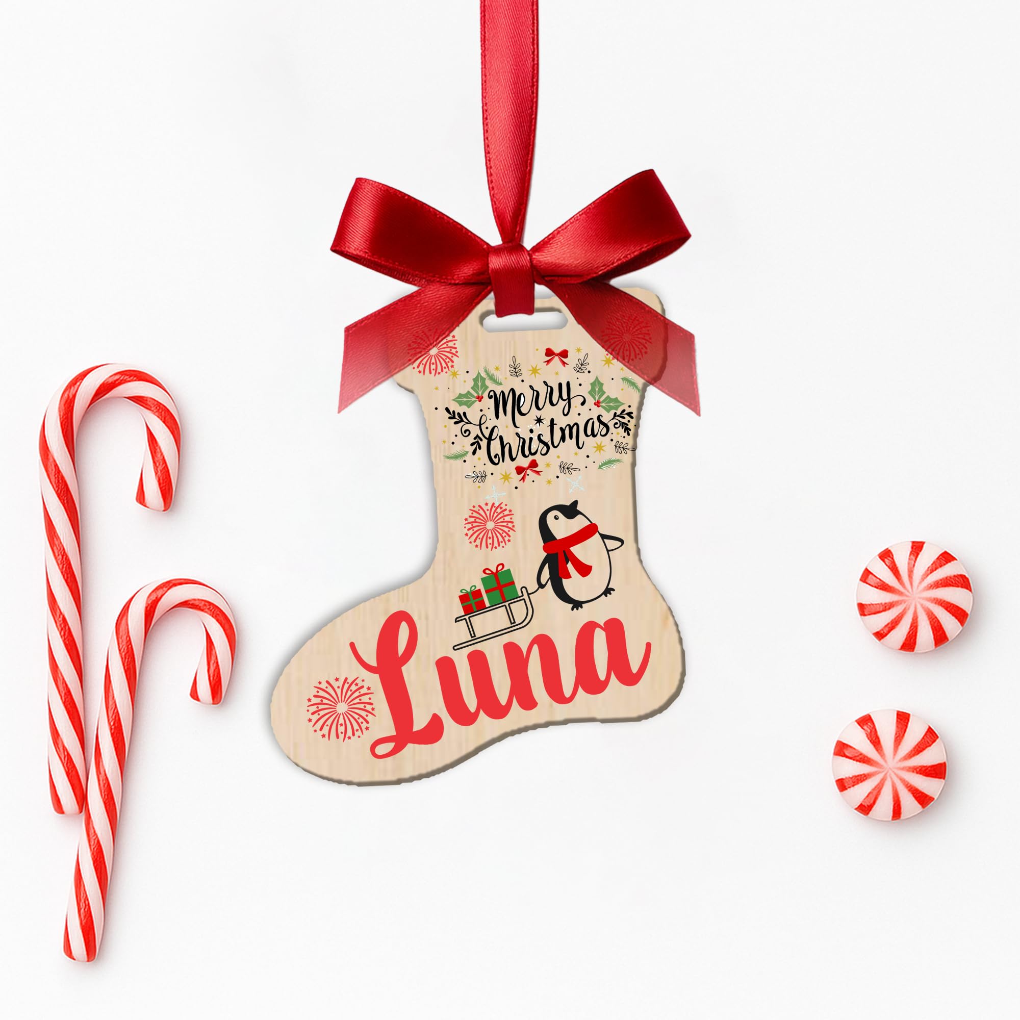KreateSquare Personalised Christmas Bauble Xmas Tree Decoration with Customised Name and Red Ribbon Socks Shaped Baubles | Celebrate Love & Togetherness – Custom Christmas Ornament Keepsake
