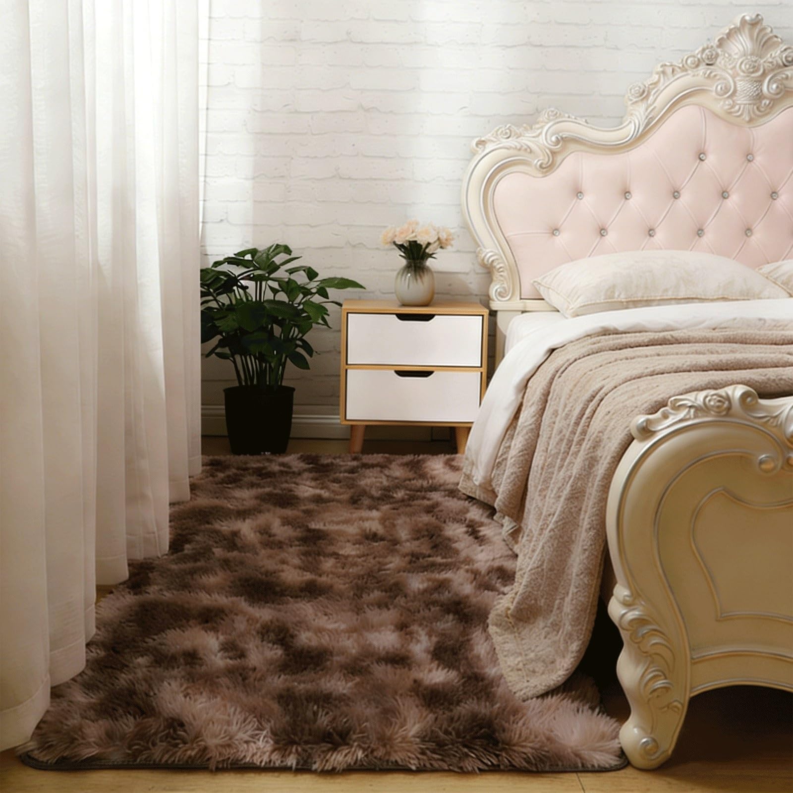 Tapis de salon moelleux shaggy marron grand format pour chambre bébé