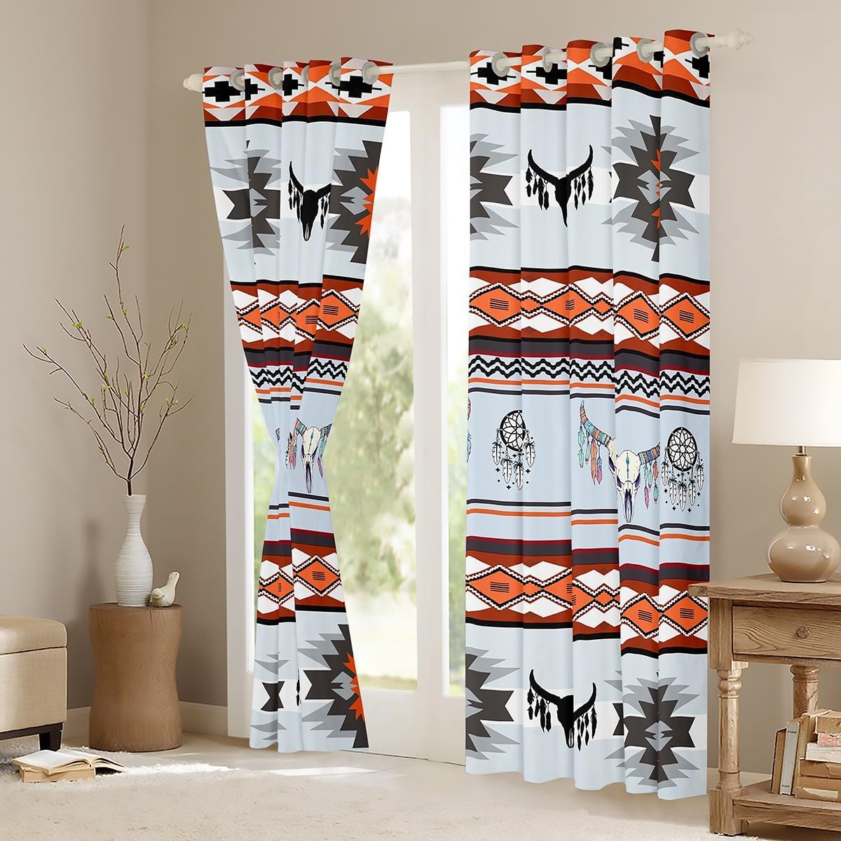 Feelyou Pink Boho Skull Window Curtains for Kids Cow Skull 30%-50% Blackout Curtains Boys Girls Ethnic Tribal Darkening Drapes for Bedroom Western Living Room Window Treatments (2 Panels, 42'' x 90'')