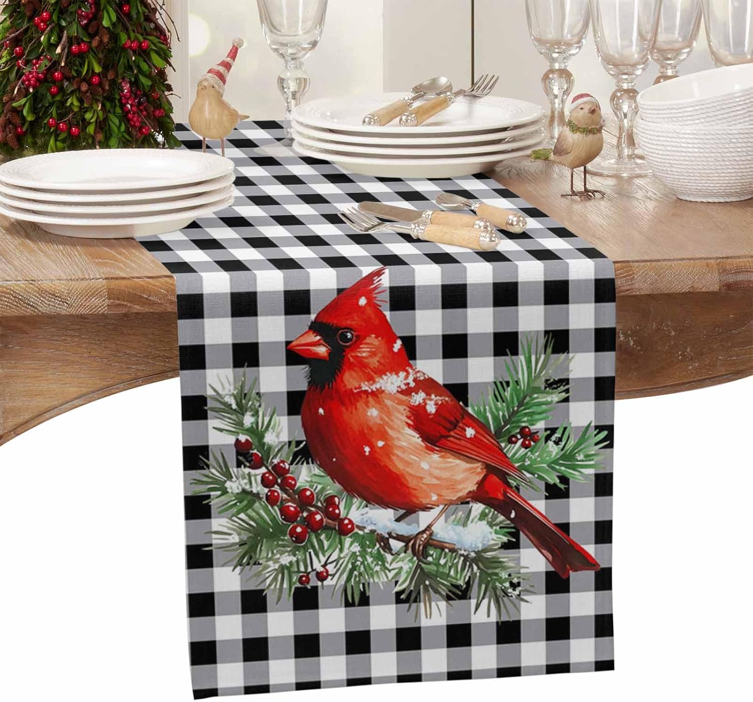 Christmas Table Runners Red Cardinals Table Runner Dresser Scarves Non-Slip Table Cloth Decorations for Holiday Dinner Parties White Black Buffalo Check Plaid Christmas Runner 13x120 inches