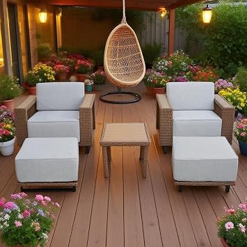 5 Pieces Outdoor Patio Furniture Set, PE Rattan Weaving Sofa with Thick Cushions, with Dining Table,Coffee Table and 2 footstools, Steel Frame, Outdoor Conversation Set Brown/Beige/Wood