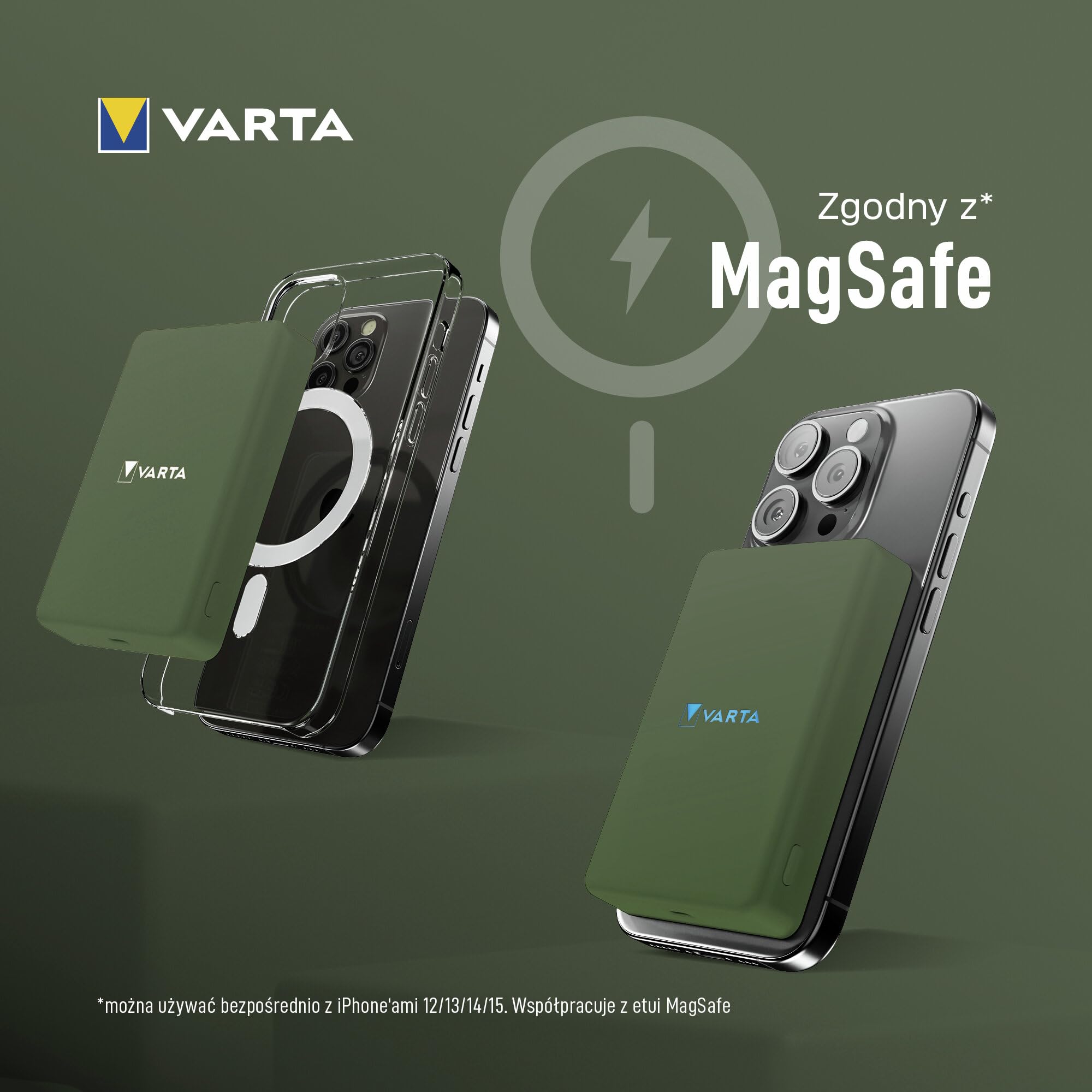 VARTA Power Bank 5.000mAh, magnetyczna bezprzewodowa powerbanka, Mag Pro Power on Demand, 7,5W, ładowarka z portem USB Typ C, kompatybilna z MagSafe i standardem Qi (iPhones i Android), zielony