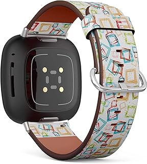 CJBROES Replacement Leather Watch Band, Compatible with Fitbit Versa 3 and Fitbit Sense of Wristband Bracelet Accessory - Colorful Square Shapes