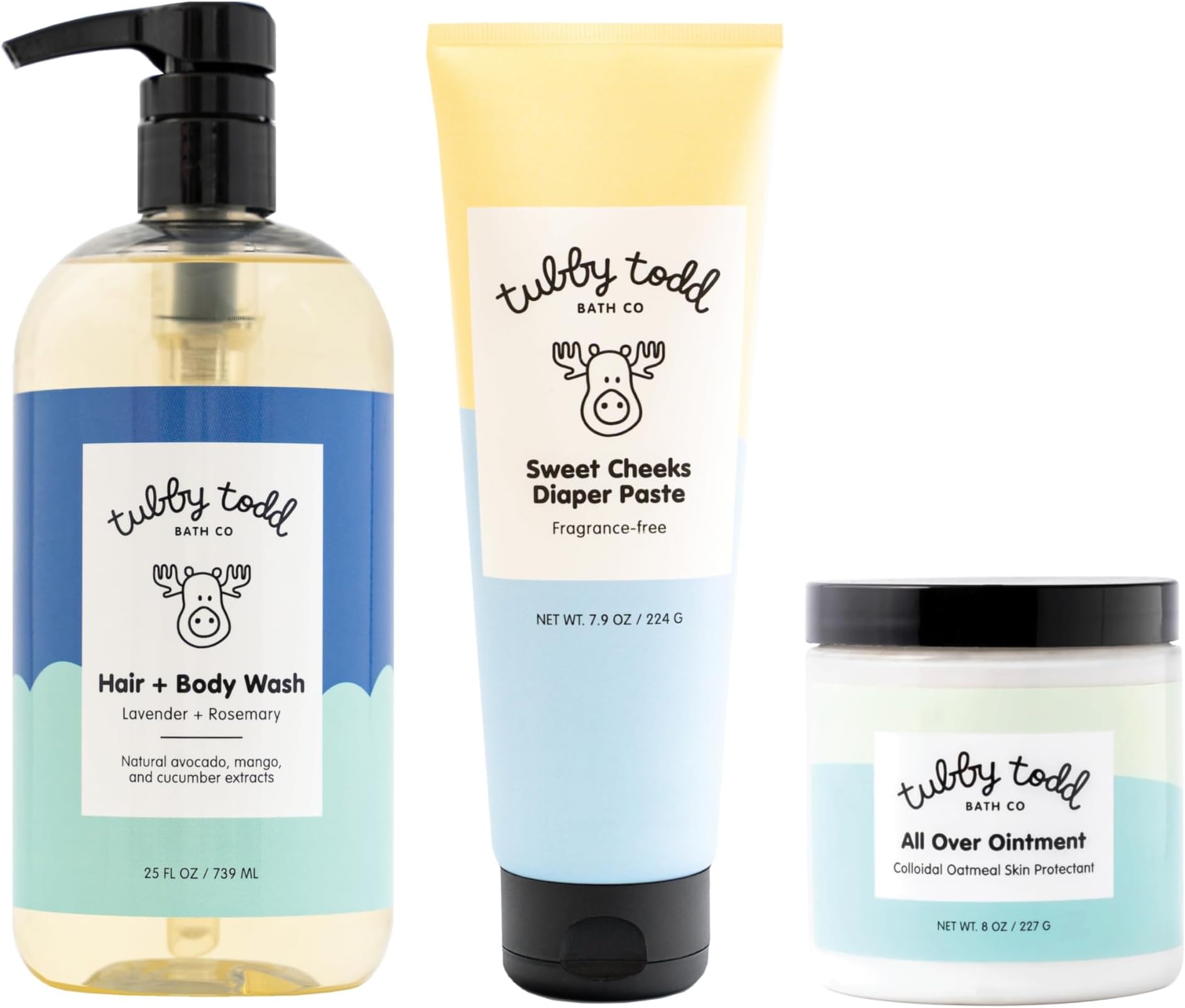 Baby Bundle Newborn Skin Care Set - Hypoallergenic Hair + Body Wash, All Over Ointment with Colloidal Oatmeal, Sweet Cheeks Diaper Paste - Lavender Rosemary, Full Size