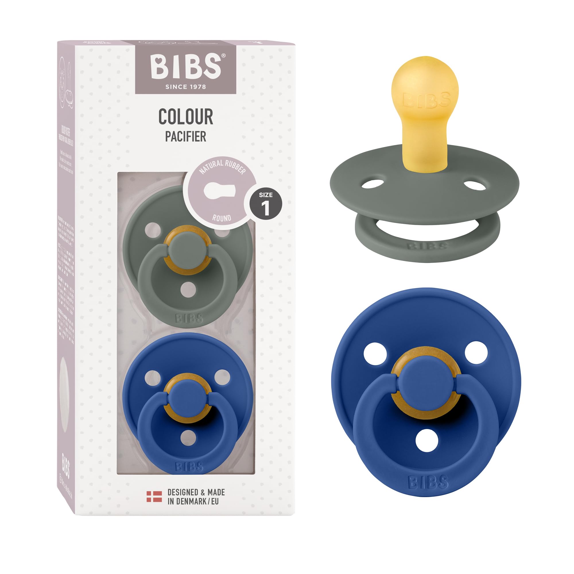 Bibs Colour Pacifier 2-Pack | BPA Free Soother, Round Nipple. Natural Rubber Latex,