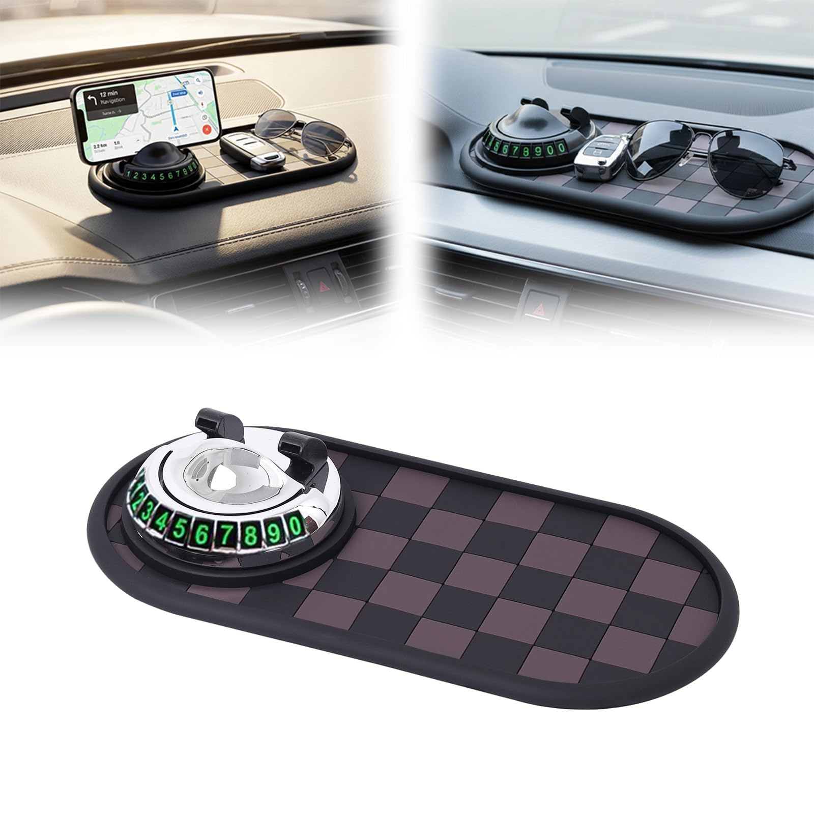 Multifunctional Car Anti-Slip Mat with 360° Rotating Phone Holder & Temporary Parking Number, Anti Slip Mat for Car Dashboard, Multi Functional Cell Phone Holder for Sunglasses Keys Small Items (#B) — view 8