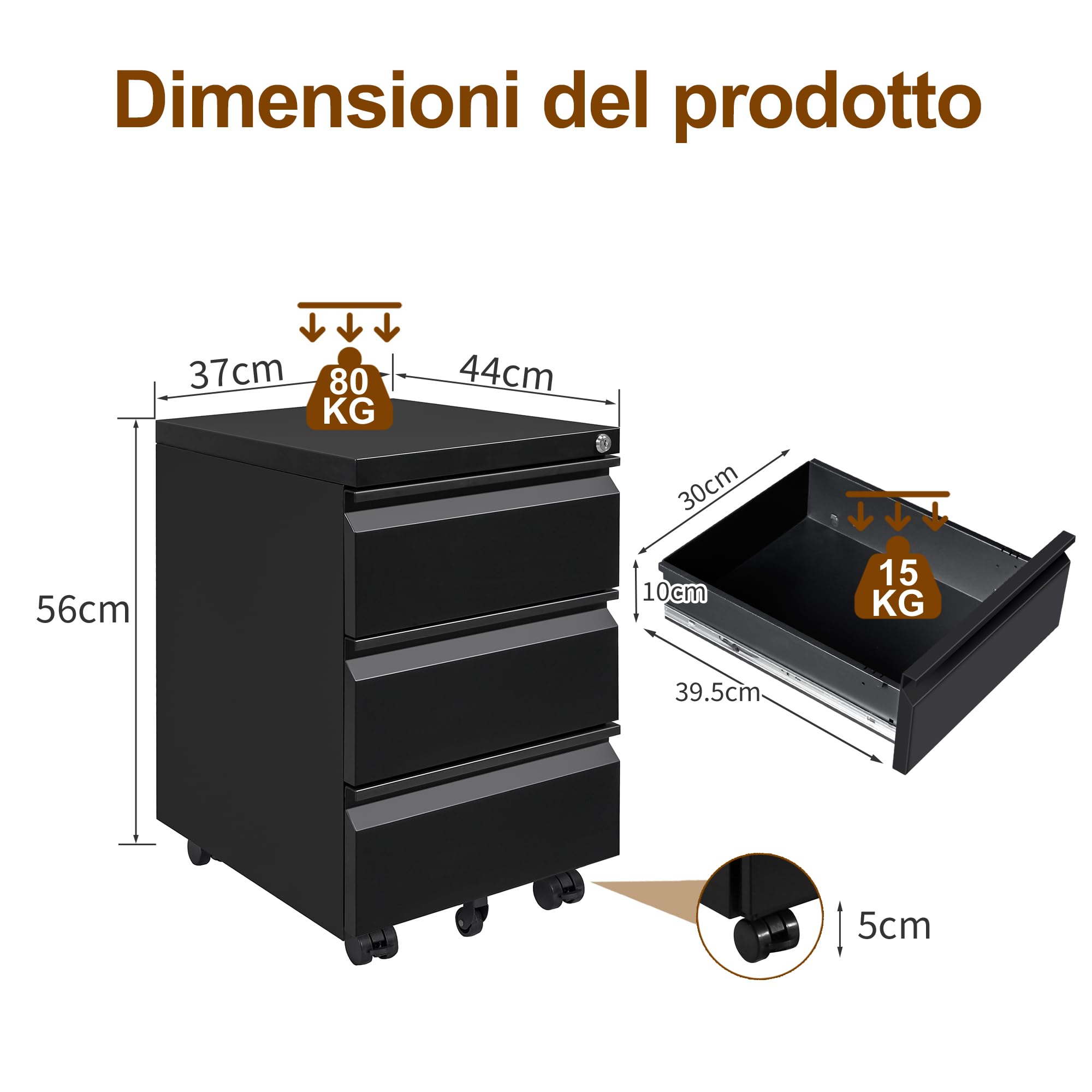 Cassettiera Scrivania Mobile, Cassettiera con Serratura, 4 Chiavi, 3 Cassetti, in Acciaio, Preassemblato, Nero