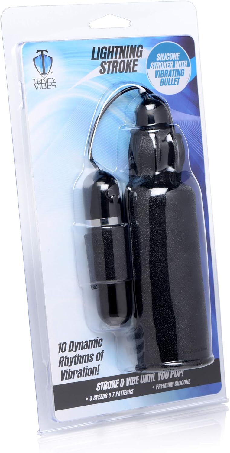 Trinity Vibes Lightning Stroke Silicone Stroker with Vibrating Bullet, 1 Count, Black