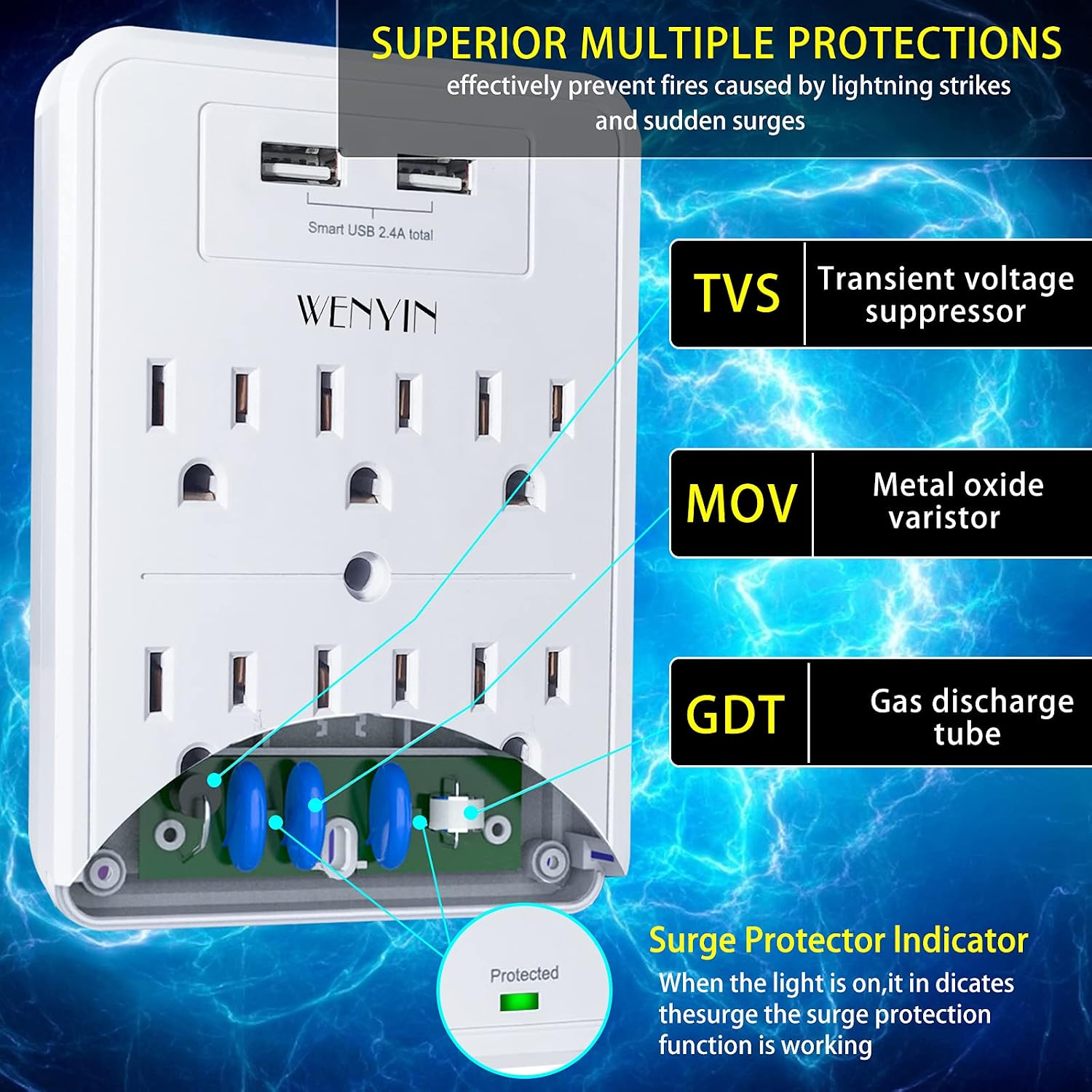 Wall Outlet Extender Surge Protector, WENYIN 6 AC Outlets Multi Plug Outlet with 2 USB Ports, Wall Plug Expander, USB Wall Charger Outlet Splitter 1680 Joules, ETL Listed for Home, School, Office