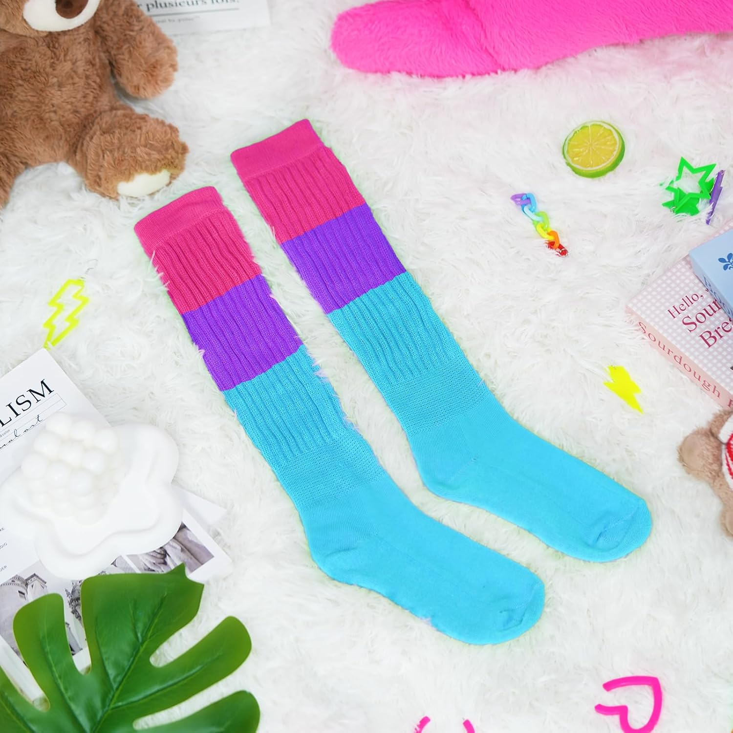 Ronglry Neon Slouch Socks 80s 90s Neon Socks Women's Leg Warmers Extra Long Soft Scrunch Knee High Sock for 80s Outfits image 3