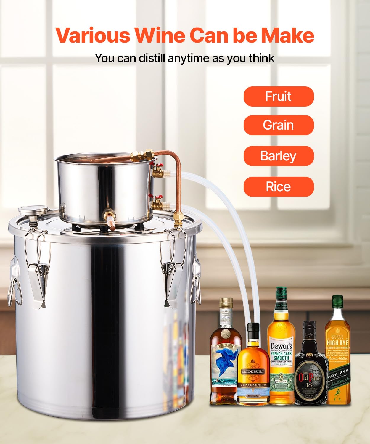 VEVOR Destilador de Alcohol Acero Inoxidable 30 L con Bobina de Cobre, Kit de Fermentación para Cerveza Casera con Termómetro y Bomba