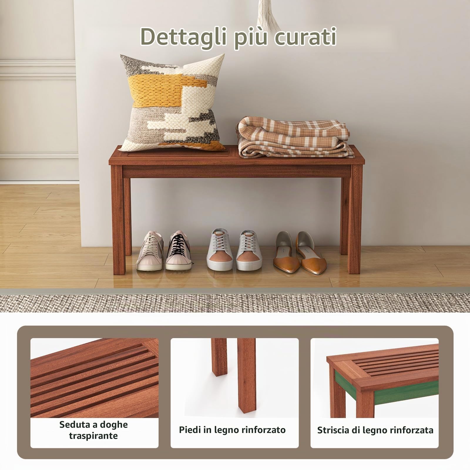 KOMFOTTEU Panca per esterni in legno, panca da giardino per 2 persone, seduta a doghe con capacità fino a 150 kg, mobile per seduta per balcone, terreza, veranda, 100 x 30,5 x 47 cm (1)