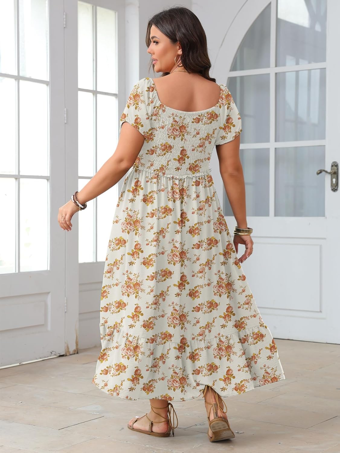 SCOMCHIC Womens Plus Size Summer Dresses Short Sleeve Square Neck Button Down Smocked Casual Ruffle Slit Maxi Boho Dress - Image 5