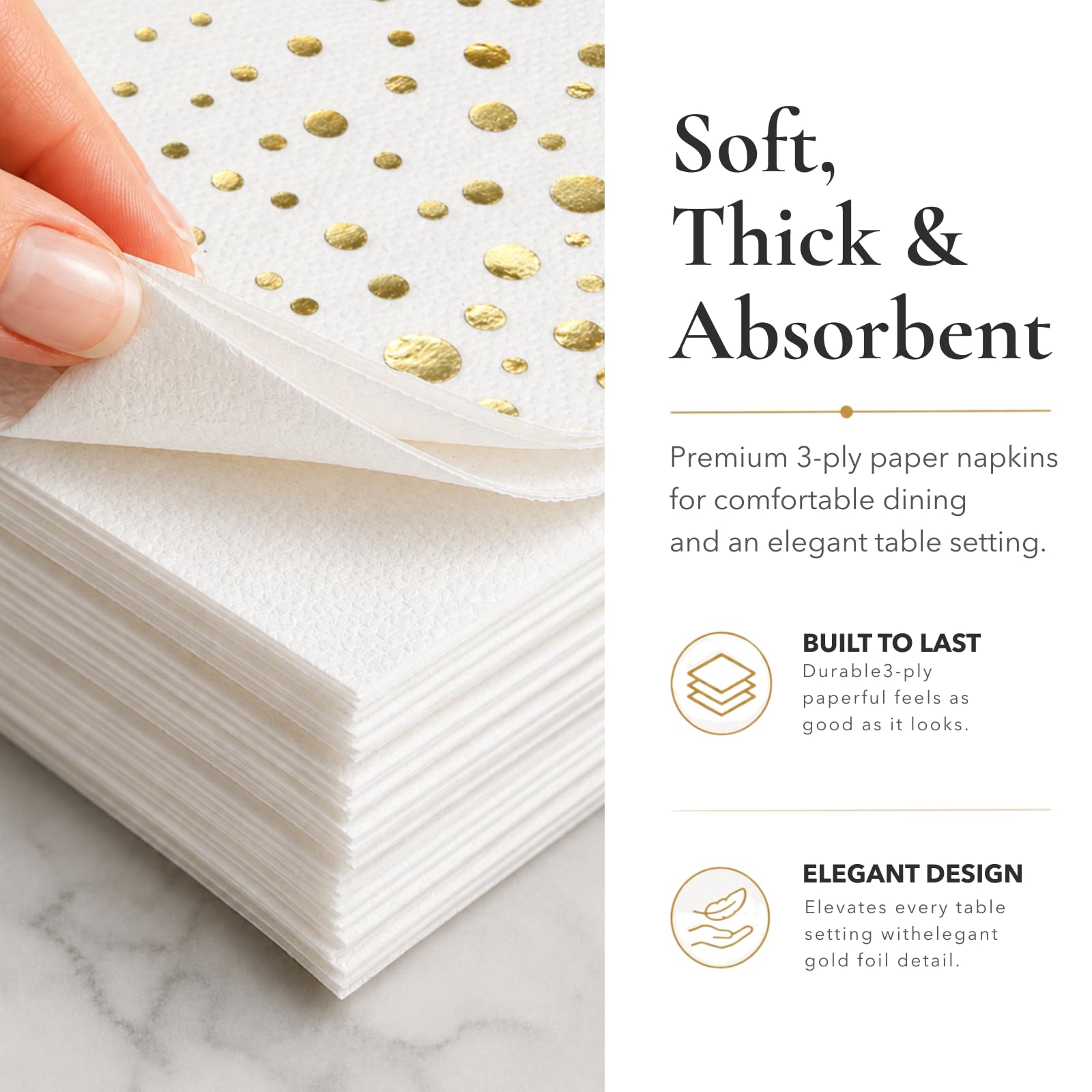 Elegantes servilletas doradas de 6.5 x 6.5 pulgadas, paquete de 100 servilletas de almuerzo blancas y doradas, añade brillo a tu evento con servilletas de fiesta, servilletas de papel de 3 capas