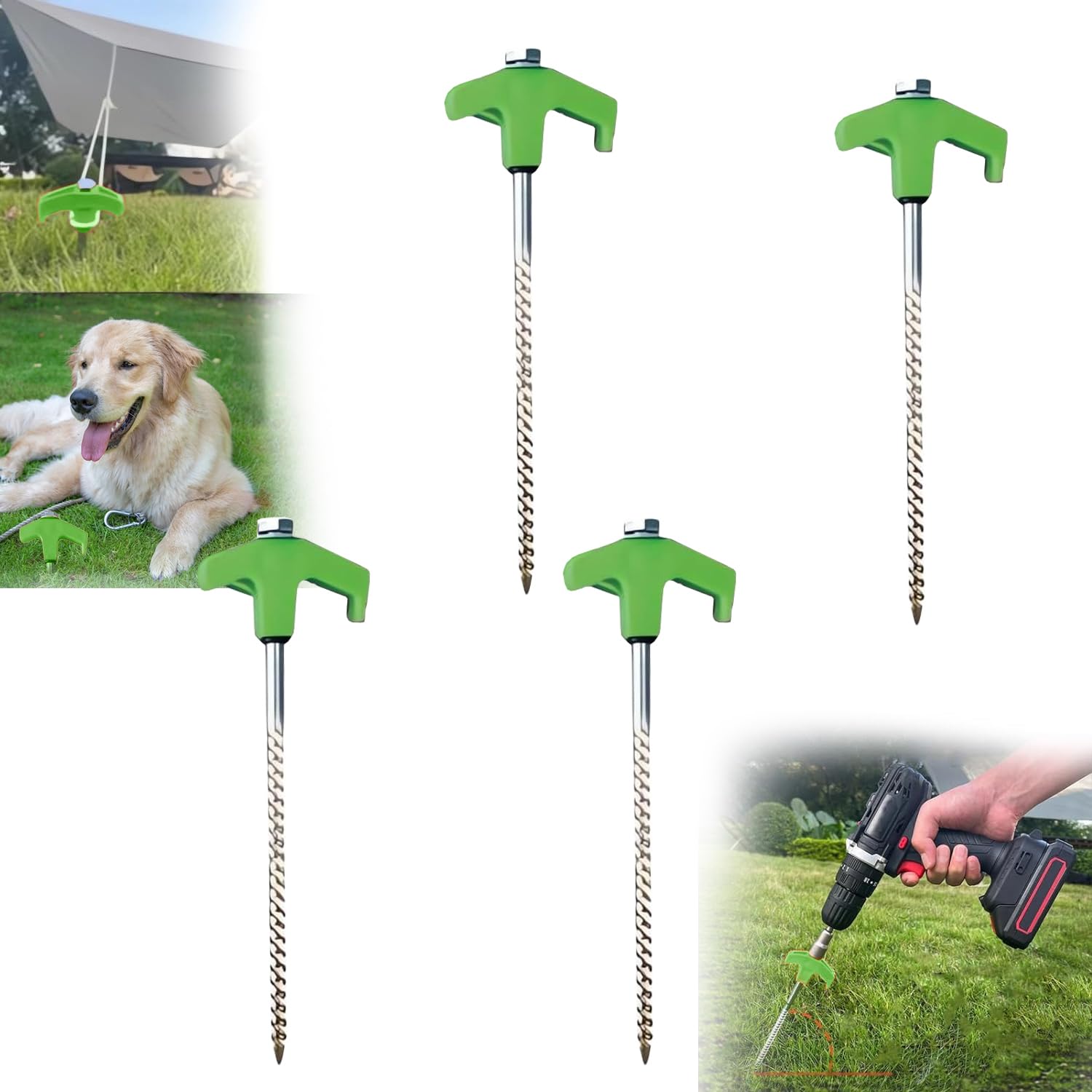 8" Screw in Tent Stakes Heavy Duty, Ground Anchors Screw in, Metal Threaded Tent Spikes, Tent Pegs Camping Stakes, Tent Stakes for Trampoline Tent Canopy Dog Anchors Outdoor Camping (4PCS, Green)