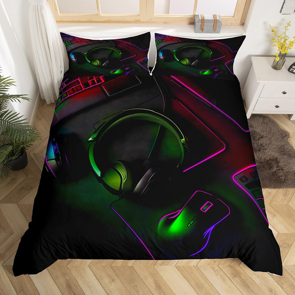 jejeloiu Ombre Green Headset Bedding Set for Kids Boys Girls Headphone Comforter Cover Queen Size Play Computer Video Games Gamer Gaming Duvet Cover Bedroom Decor Breathable Soft 3Pcs,No Comforter