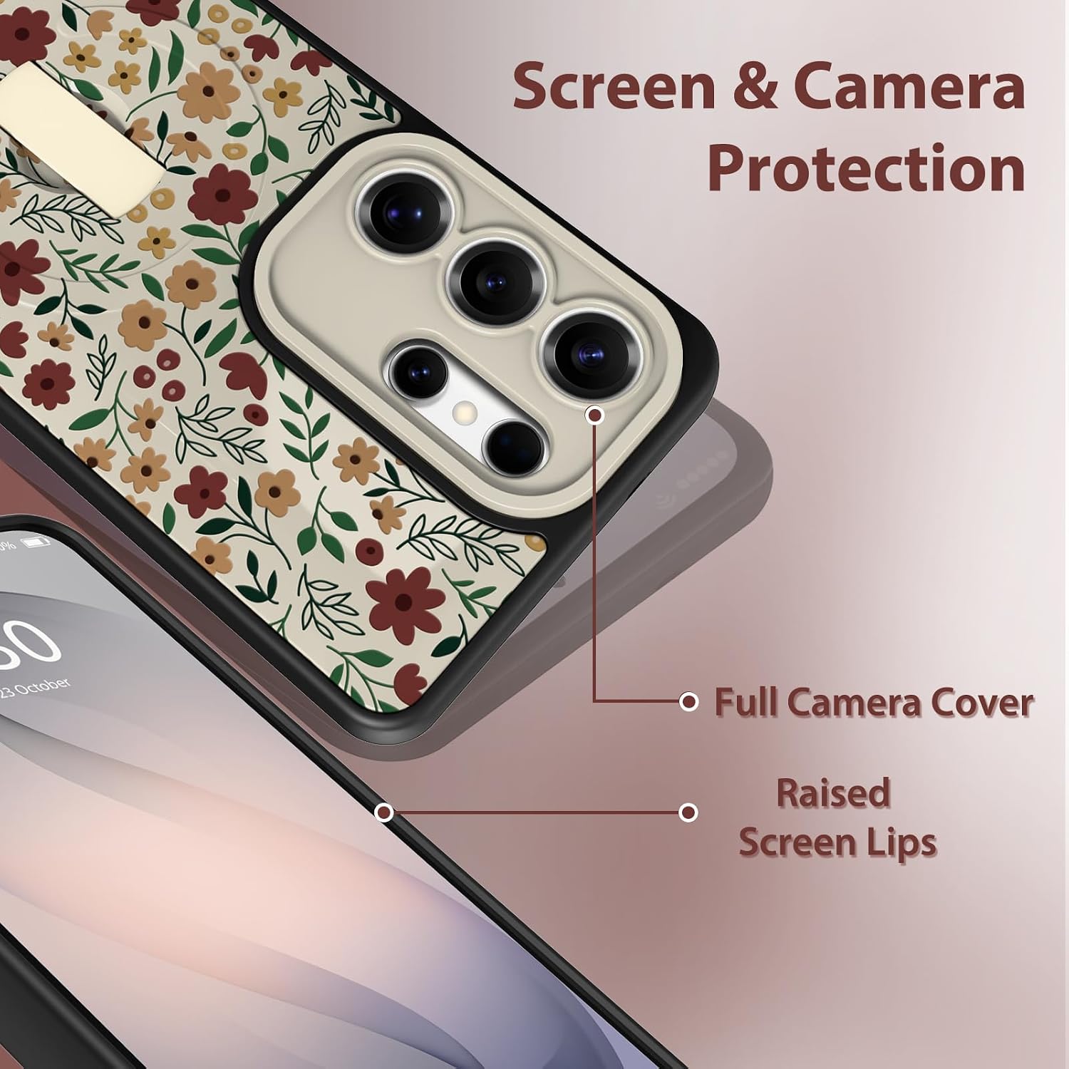 Magnetic Floral Case for Samsung Galaxy S26 Ultra with Finger Strap, Compatible with MagSafe, Cute Flower Pattern for Women Girls, Adjustable Kickstand Full Camera Protection Cover, White