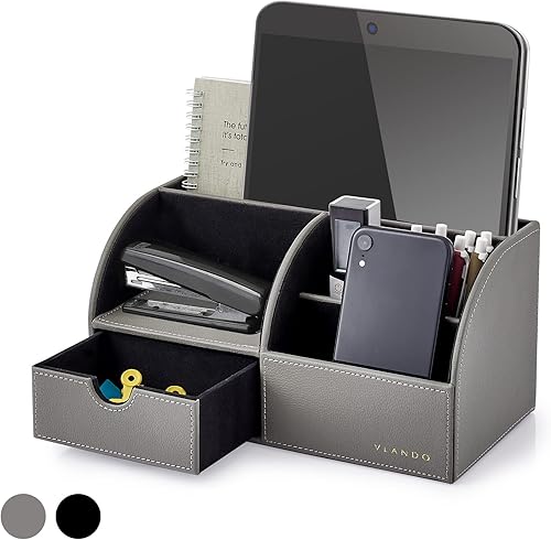 Miniatura 6 de Vlando Organizador de escritorio de oficina Organizador de escritorio de cuero con cajón para almacenar suministros de escritorio y accesorios