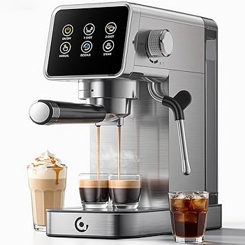 AMZCHEF Espresso Coffee Machines with 20 Bar Pressure, Self-Cleaning & Memory Function, LED Touch Screen, Compact Coffee Machine with Milk Frother for Home