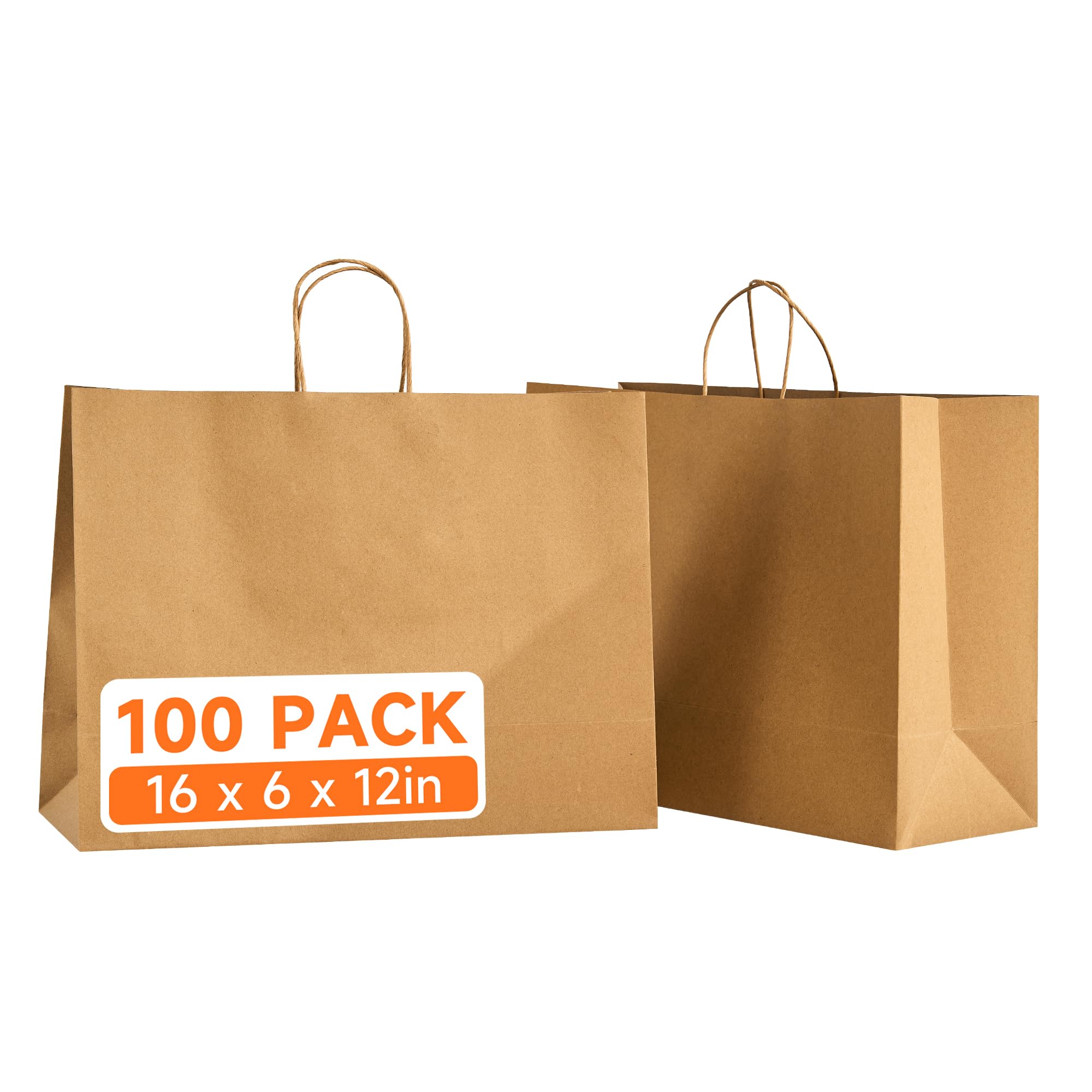 METAPRINT 100 szt. dużych brązowych papierowych torebek z uchwytami luzem, 16 x 6 x 12 torebek na prezenty typu kraft, nadające się do recyklingu, torby na zakupy do sprzedaży detalicznej, na urodziny