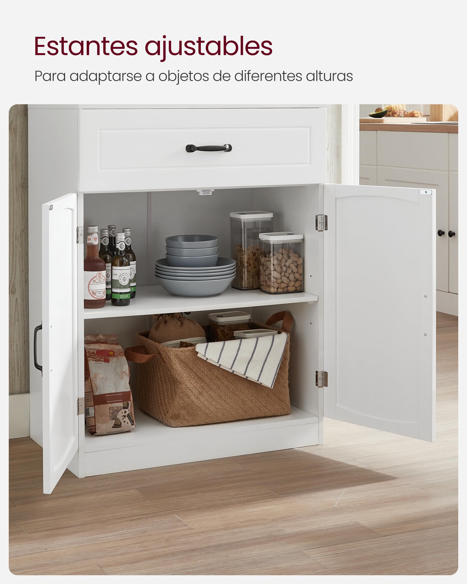 VASAGLE Armario Alto, Armario de Cocina con Puertas de Cristal y Estantes Ajustables, Cajón, Orificio para Cables, para Microondas, Estilo Moderno, Blanco LSC361W21