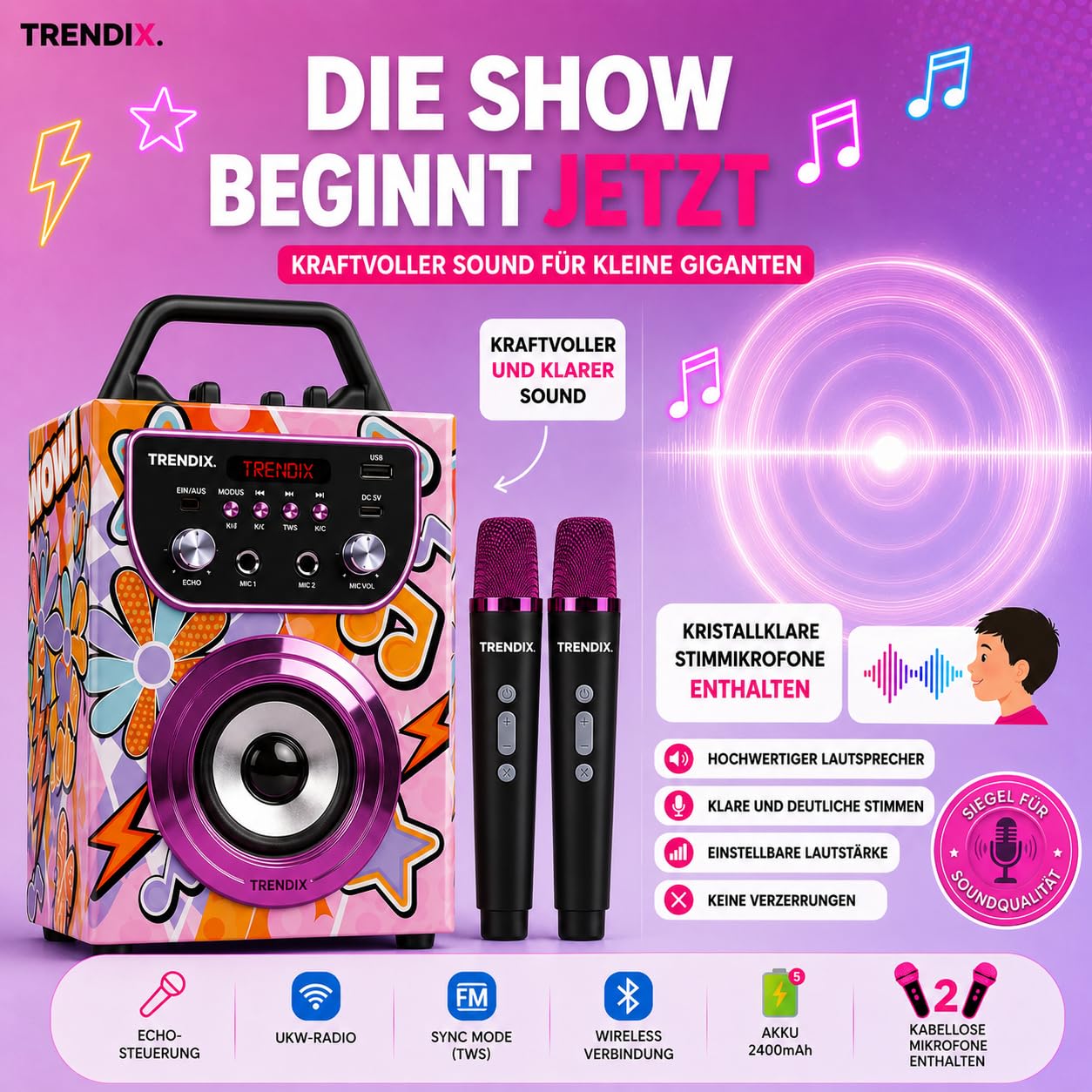 Trendix - Karaoke Maschine Kinder Magic Melody | Karaoke Anlage Mit 2 Mikrofonen | Musikbox Kinder Radio Fm, USB, Bluetooth Und Sd | Kinder Musikbox | Geschenk Mädchen 6 Jahre