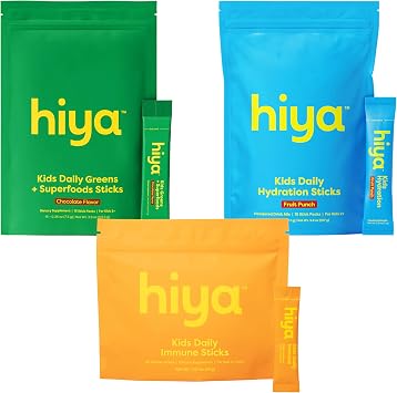 HIYA Kids Immune & Daily Wellness Immune Support + Greens Powder Chocolate + Hydration Electrolytes Sticks Ages 2+ - Virtual Bundle