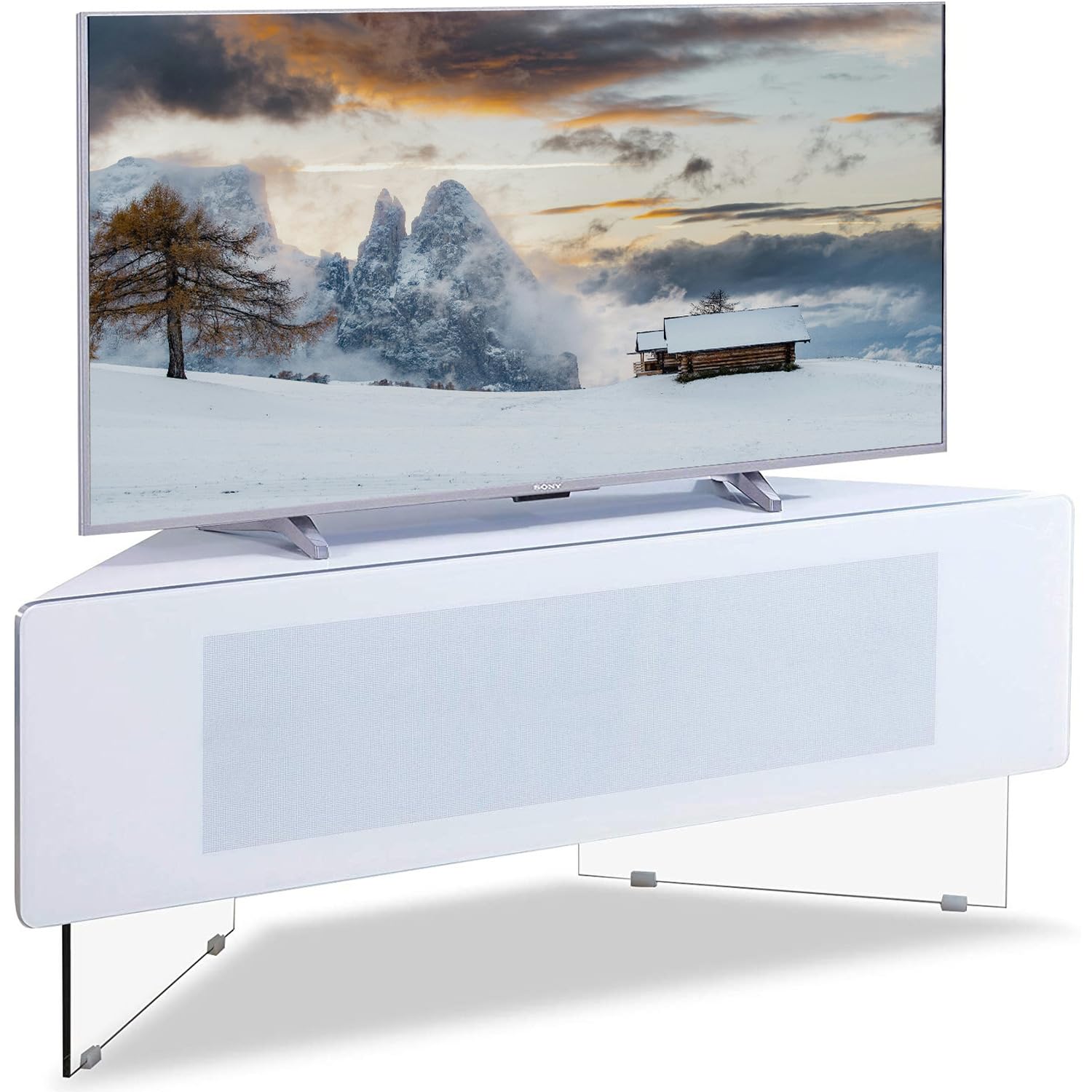 Antares HYBRID White Corner-Friendly with Clear Acrylic Legs Hover Effect & Remote-Friendly Glass Door TV Cabinet