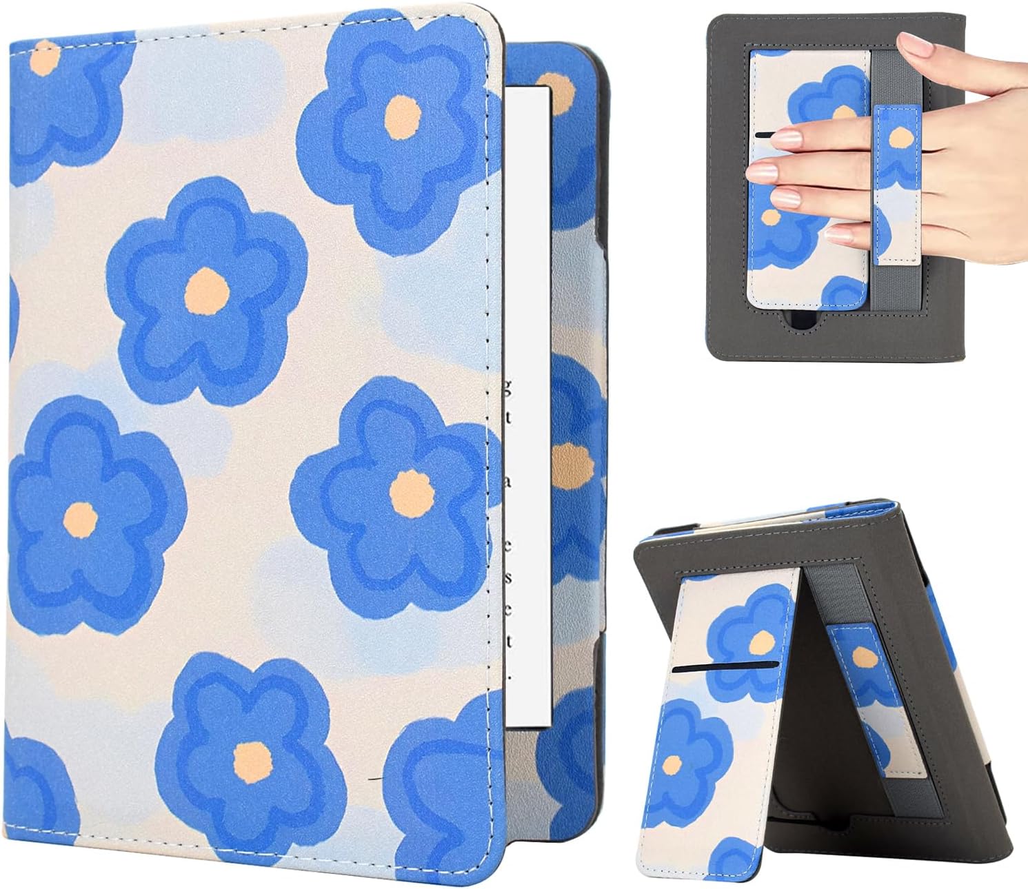 KEROM Case for 6" Kindle Paperwhite (10th/7th/6th/5th Generation, 2012-2018 Release), Premium PU Leather Cute Cover Case with Foldable Stand, Hand Strap, Card Slot, Auto Sleep/Wake - Blue Flowers
