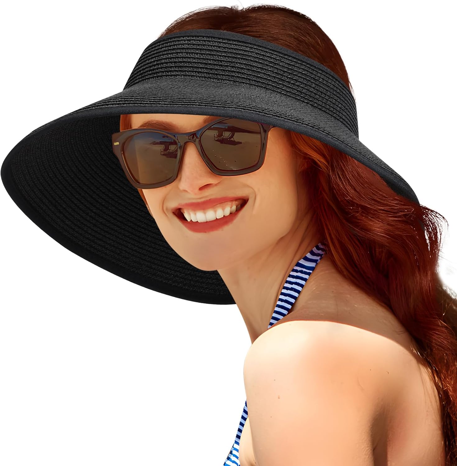 Sun Visor Hats for Women, Summer Packable Straw Beach Hat UV Protection 2025, Women's Ponytail Hat, Foldable Travel