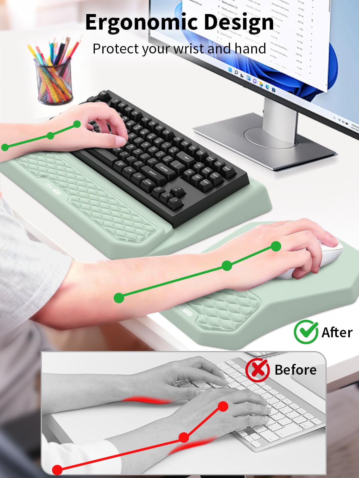 Set di supporto ergonomico 3 in 1 per tastiera con poggiapolsi e tappetino per mouse, comodo supporto per tastiera, morbido tappetino per mouse con design massaggiante, memory foam e base antiscivolo