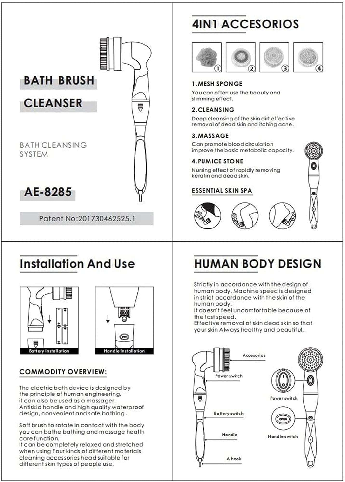 GeRRiT Cepillo de baño eléctrico Masaje Cepillo de espalda Cepillo de ducha con mango largo for mujeres Hombres Ancianos