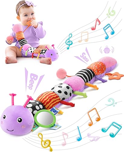 LIGHTDESIRE Juguetes musicales para bebés, oruga, juguetes infantiles de 3, 6, 12 meses, juguete sensorial con diseño de regla, espejo, cuerda de