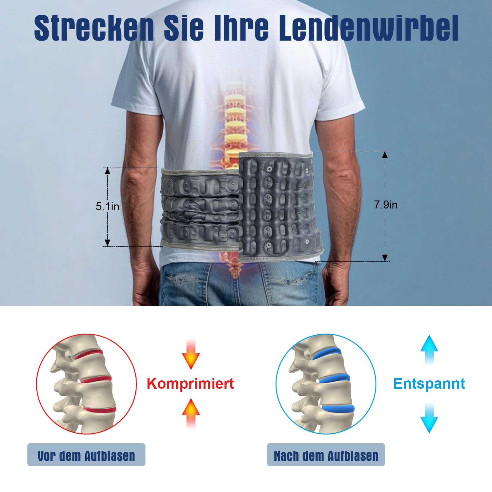 HONGJING Dekompressions-Rückengurt mit Rotlicht gegen Schmerzen im unteren Rückenbereich, kabellose beheizbare Rückenstütze, aufblasbare Lendenwirbelstütze mit elektrischer Pumpe, Taillenumfang 29–49
