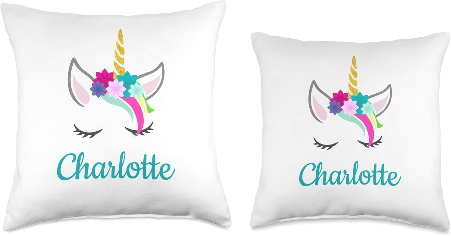 Charlotte Name Gift Girls Personalized Unicorn Bedroom Decor Throw Pillow