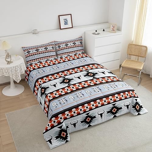 Miniatura 3 de Erosebridal Juego de ropa de cama azteca, tamaño King, diseño del suroeste, relleno de edredón exótico de calavera de toro para niños y niños,