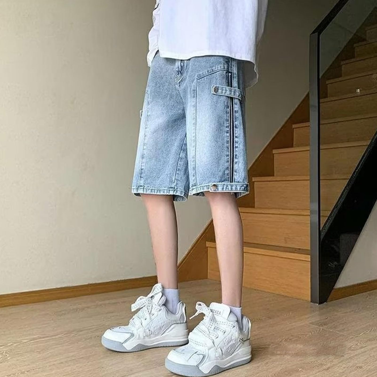 Y2K Pantaloncini in Denim da Uomo Hip Hop Baggy Shorts Jeans Streetwear Vintage con Cerniera Jorts, Blu, L