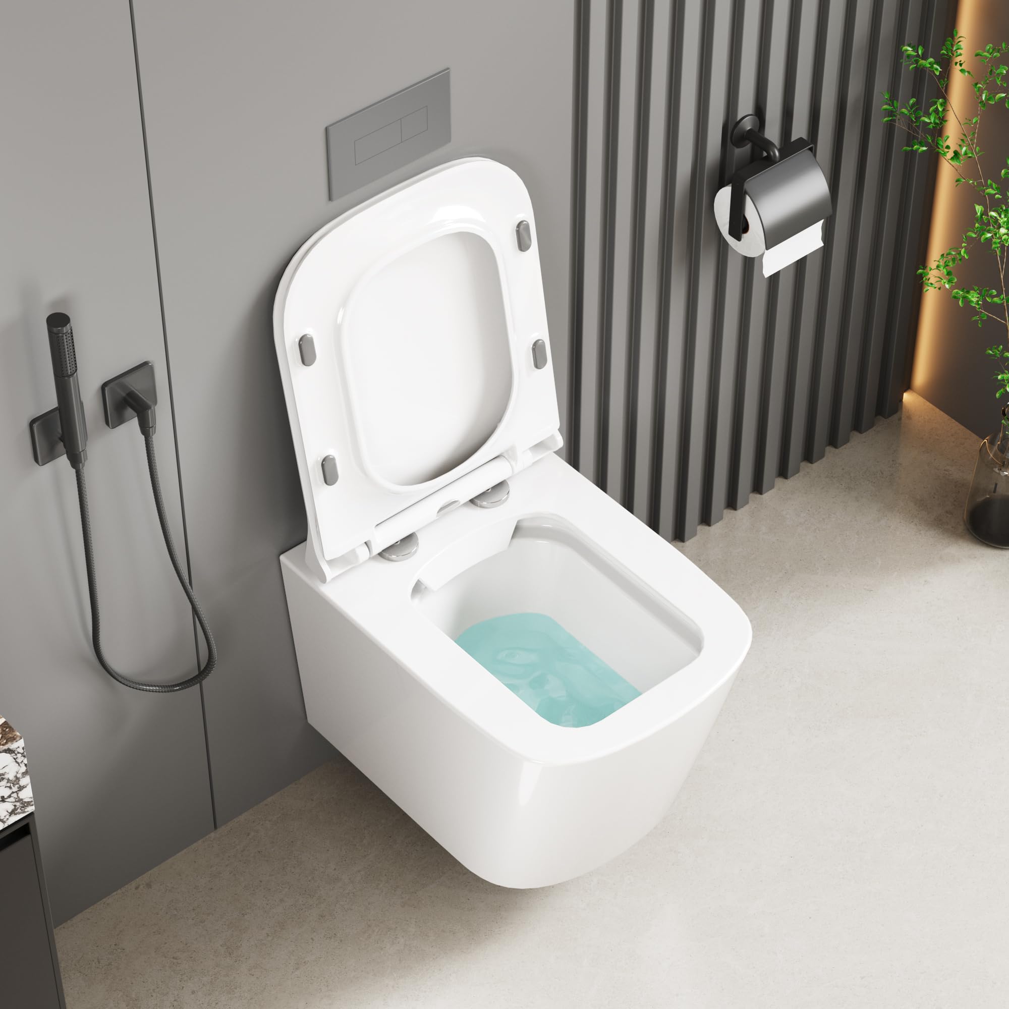 WC sospeso commerciale senza brida in ceramica – Scarico silenzioso ed efficiente – Sedile D-Shape 51 cm con chiusura rallentata e coprivaso rimovibile – Bianco