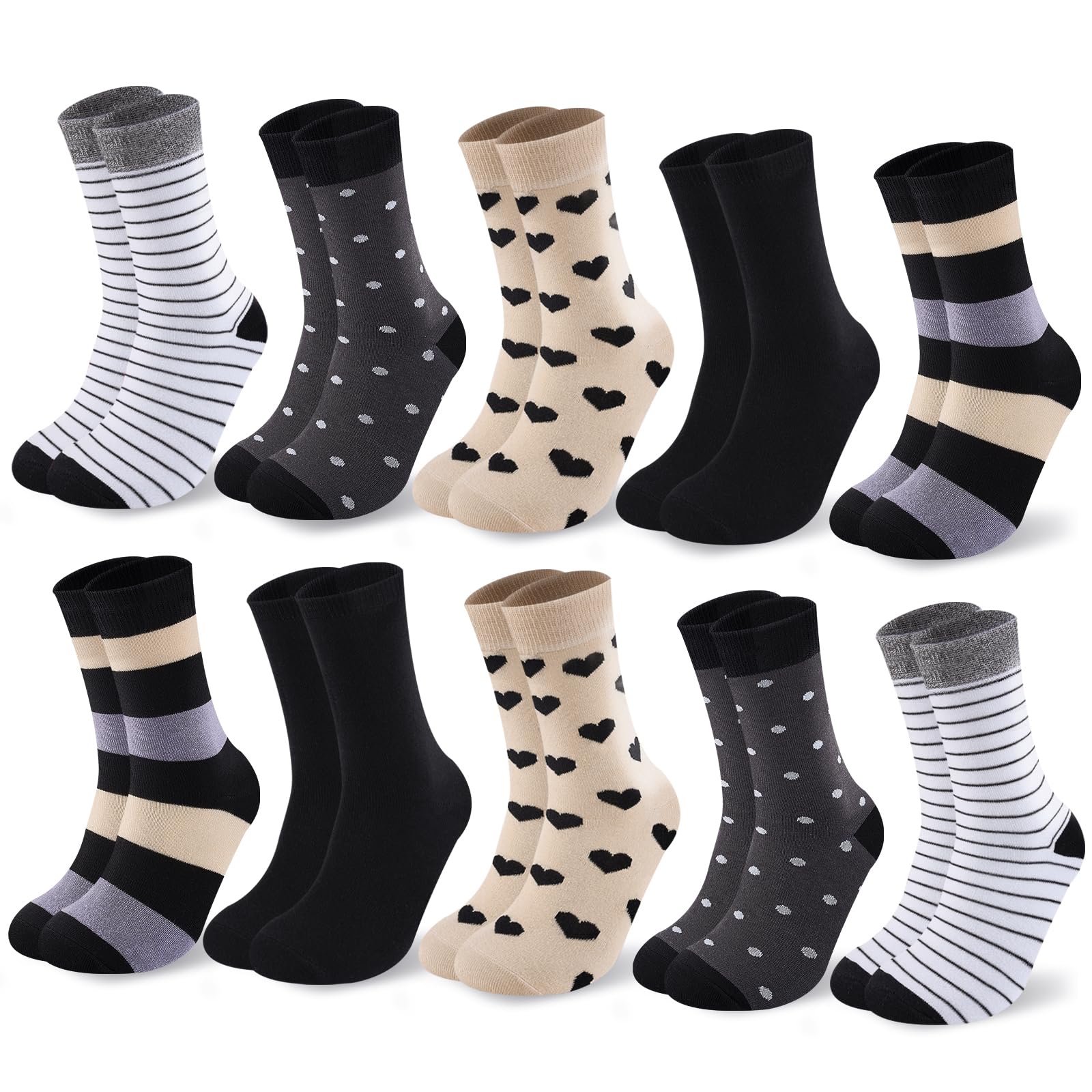 Cirorld 10 Paia Calze Donne Colorate Cotone 39-42, Medie Lunghe, Sport Comode, Invernali Transpiranti, Design a Strisce & Polka