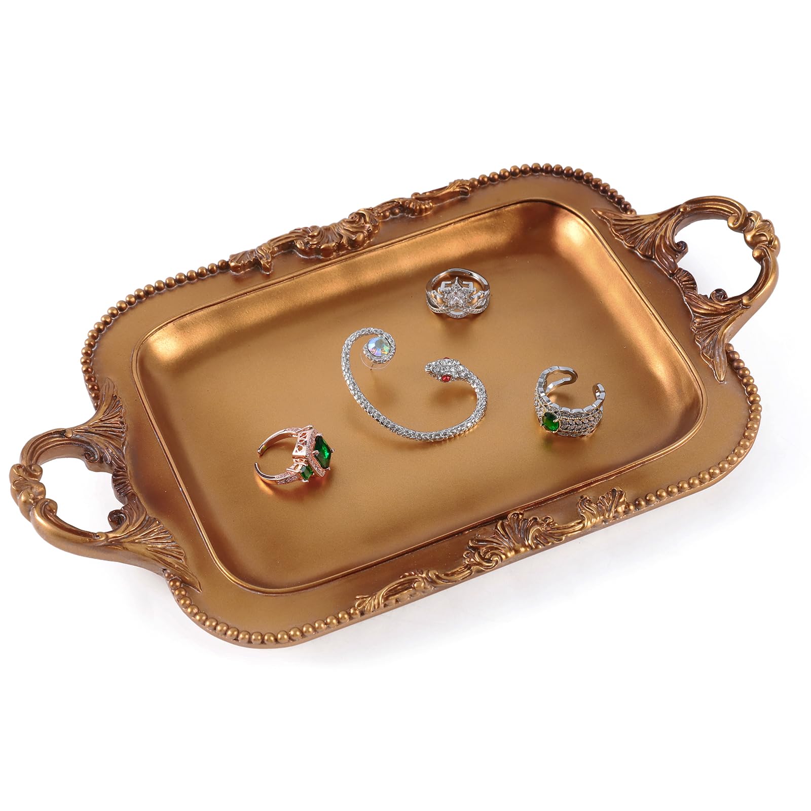 SIKOO Vintage Tray Antique Decorative Tray Antique Trinket Dish Jewelry Organizer Cosmetics Makeup Storage Organizer Brass Decor