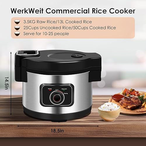 Miniatura 2 de WerkWeit Olla de arroz comercial grande para 50 tazas (cocidas)25 tazas (sin cocinar), olla arrocera de 1850 W 13 L para restaurante, comedor,