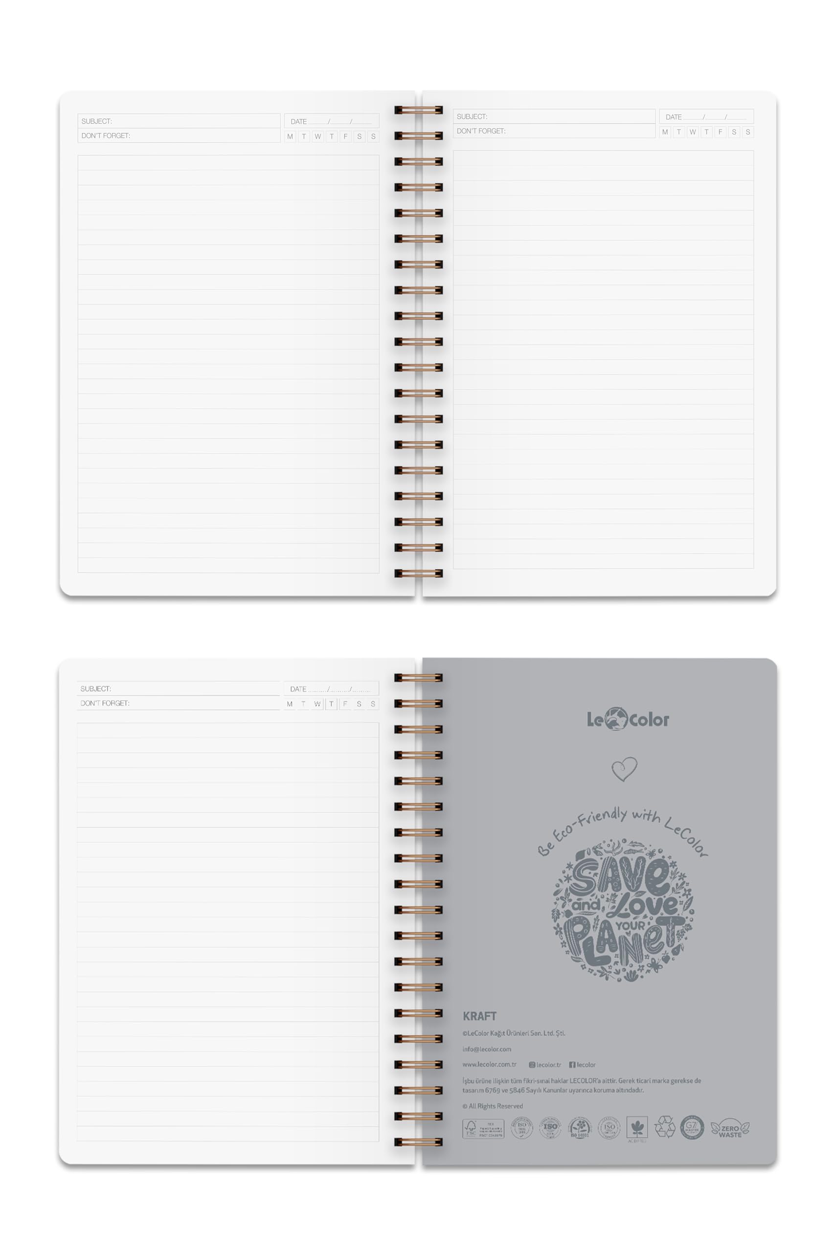 Le Color Kraft Ofis Defter Spiralli Çizgili Gri