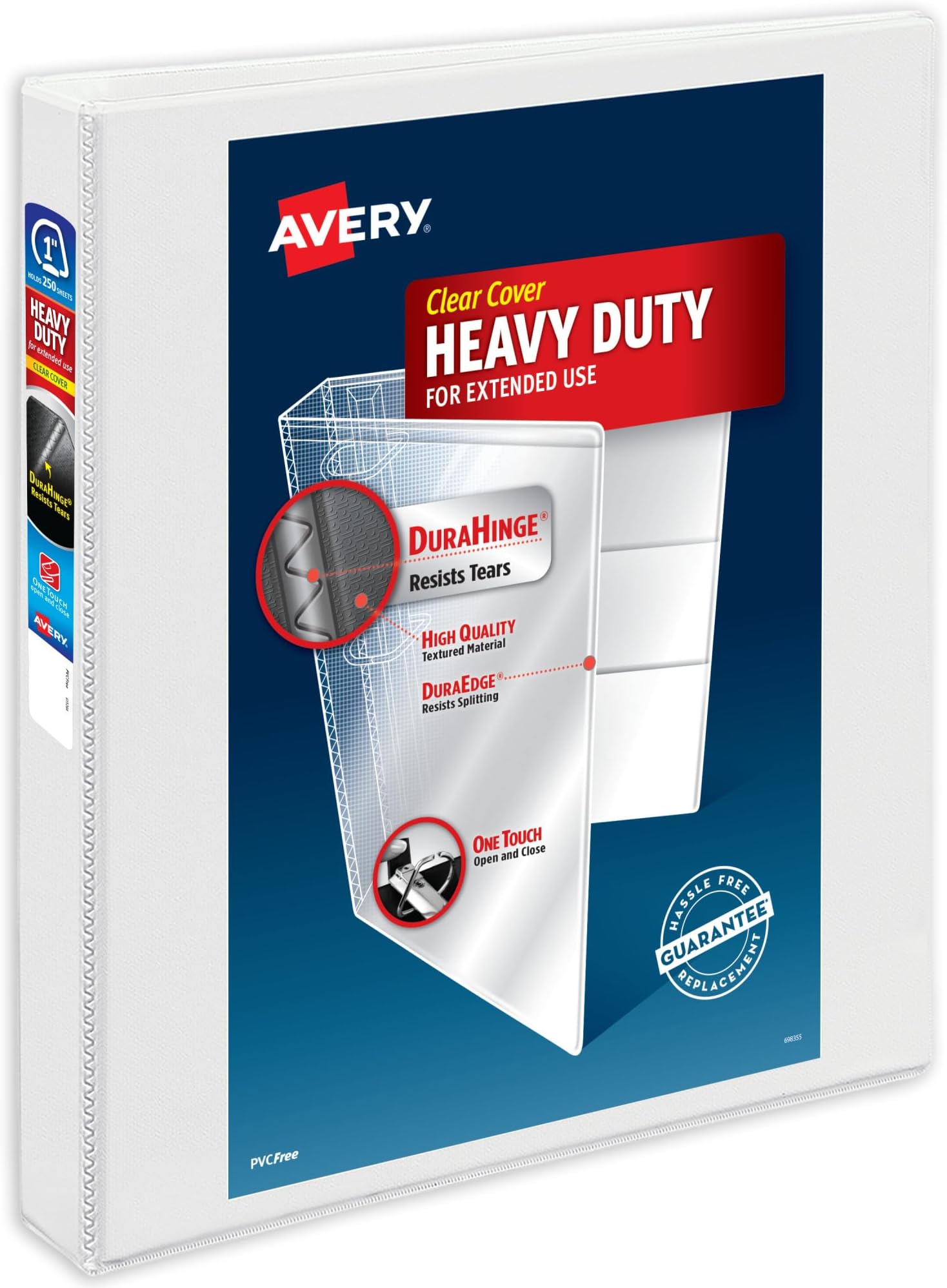 Heavy-Duty View 3 Ring Binder, 1 Inch One Touch Slant Rings, 250-Sheet Capacity, DuraHinge, 1.4 Inch Wide Spine, Customizable Clear Cover and Spine, 1 White Binder (79799)