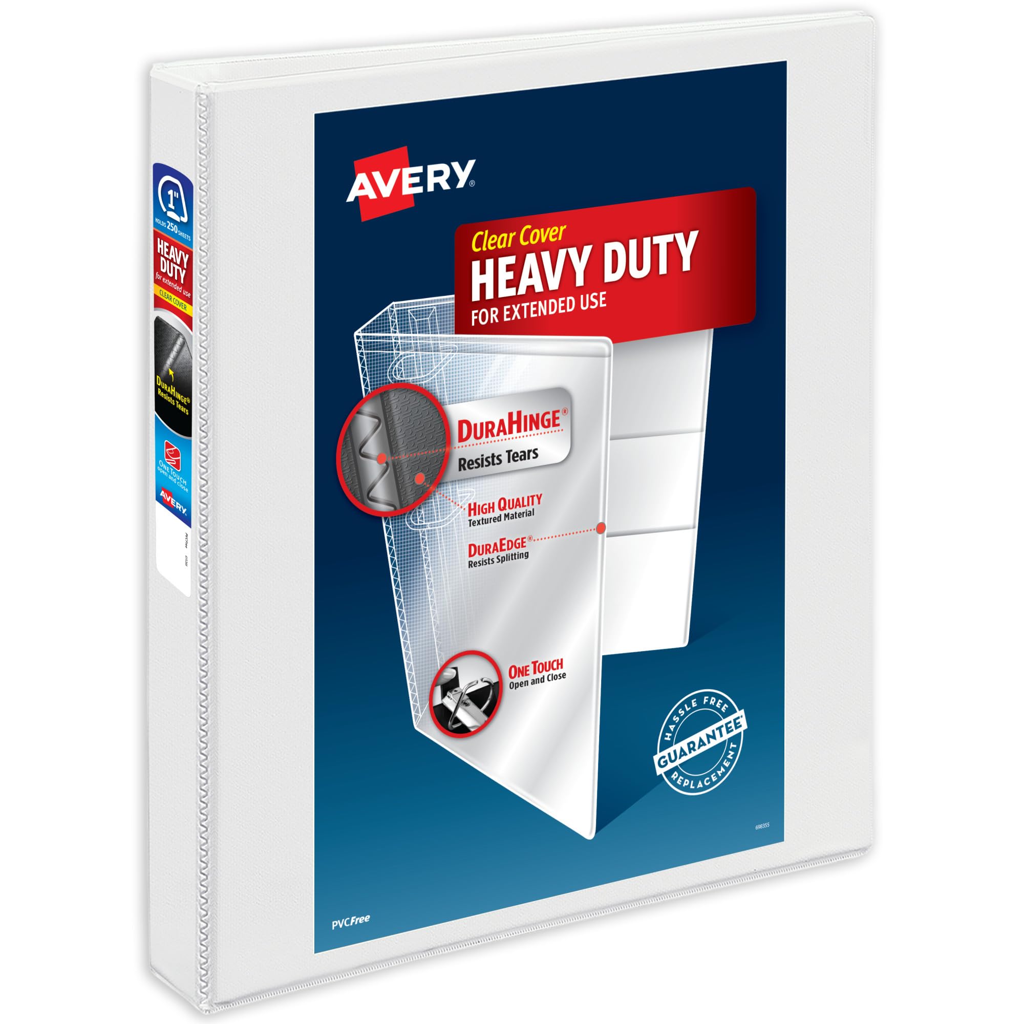 Avery Heavy-Duty View 3 Ring Binder, 1 Inch One Touch Slant Rings, 250-Sheet Capacity, DuraHinge, 1.4 Inch Wide Spine, Customizable Clear Cover and Spine, 1 White Binder (79799)