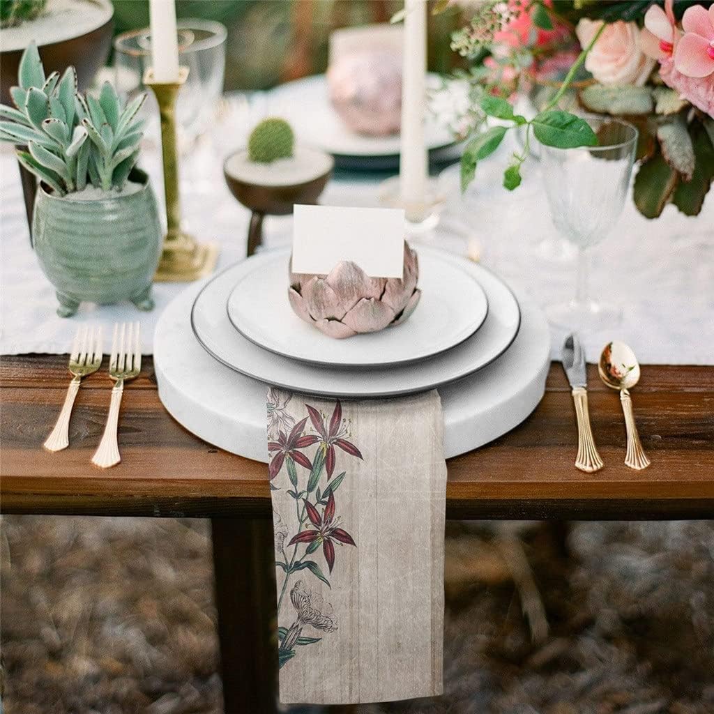 Retro Flower Wood Grain Table Napkin Cloth Set Wedding Party Handkerchief Restaurant Supplies Christmas Napkins(4pcs)