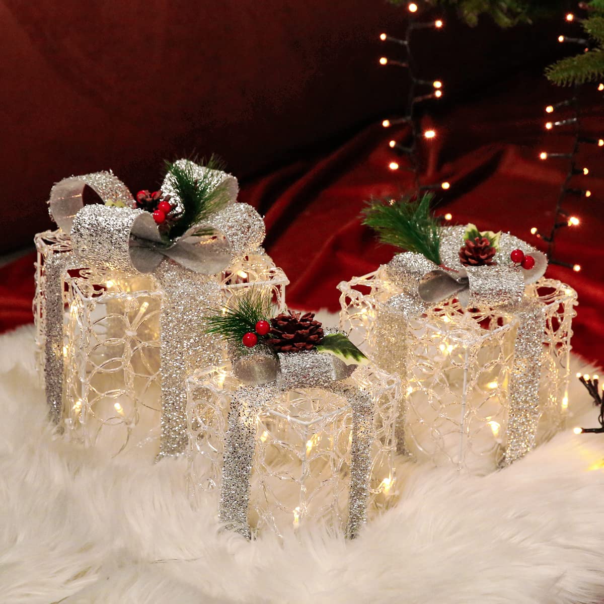 Boîtes cadeaux lumineuses acrylique x3 pour déco Noël intérieur et extérieur