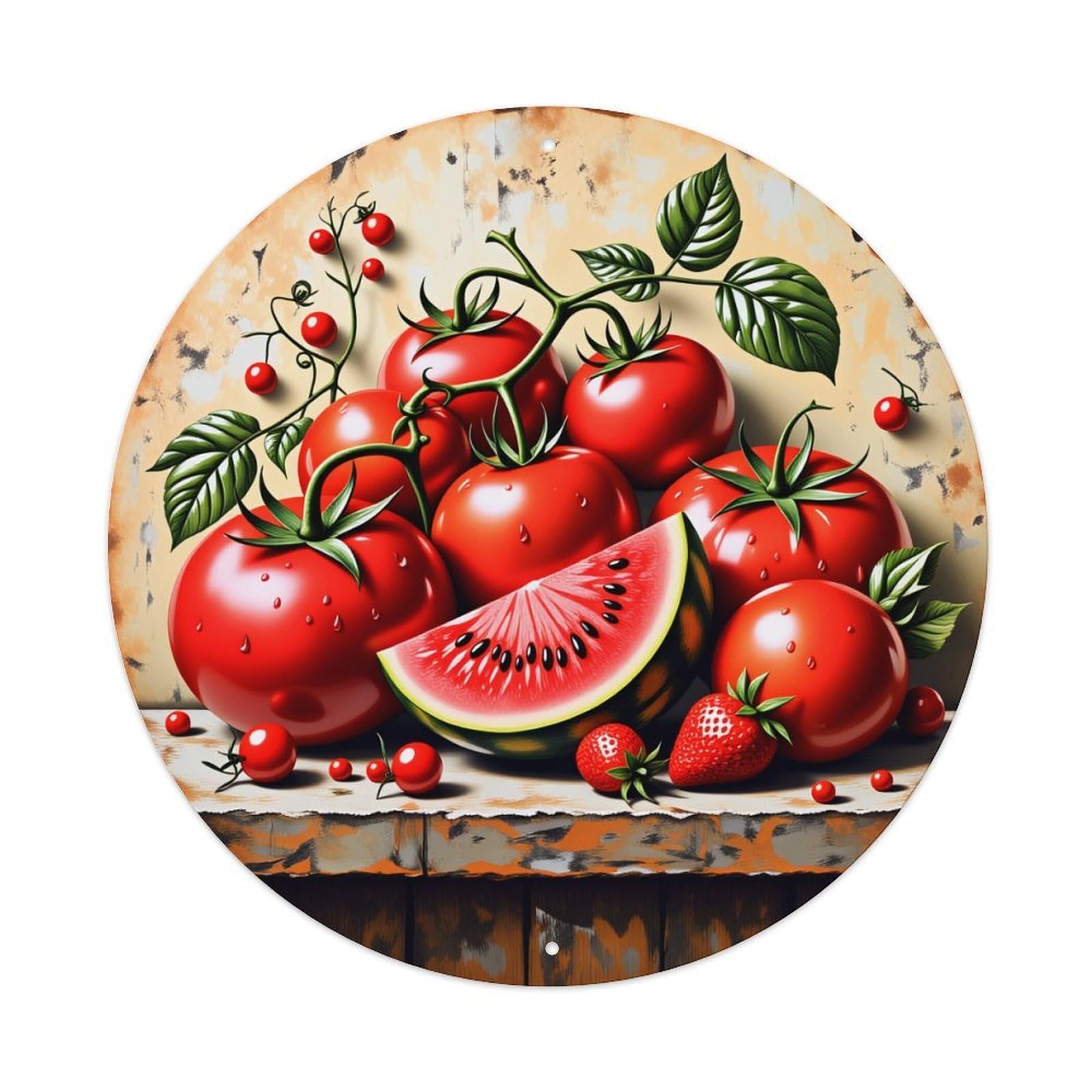 Tomato Watermelon Strawberry Cherry Vine Vintage Metal Tin Sign Retro Wall Decor for Home Bar Garage Cafe, Indoor & Outdoor Decorative，circle Metal Poster, 8x8 Inch